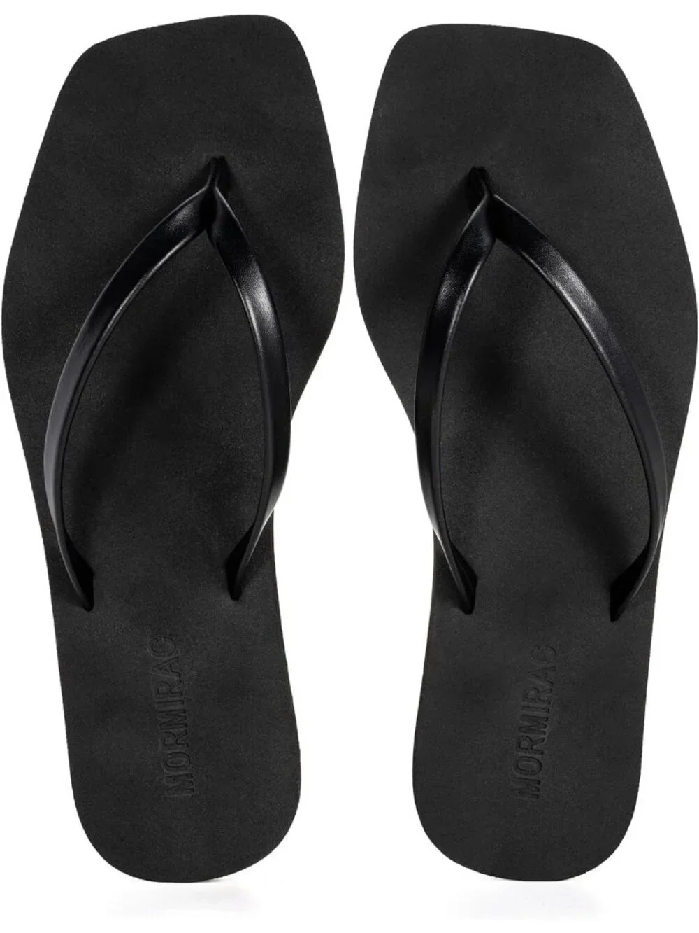 Women's Black Faux Leather Summer Comfortable Flip Flops Square Toe Flat Sandals